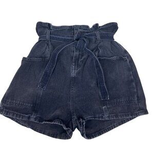 Denim & Co. High-Waisted Black Denim Paperbag Shorts Tie Belt & Pockets Size 10
